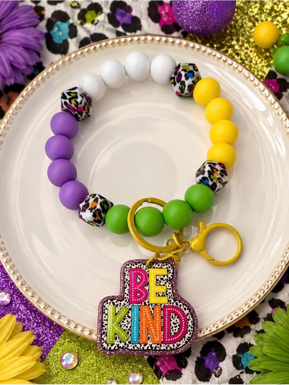 Handcrafted Be Kind Multicolor Beaded Wristlet Keychain